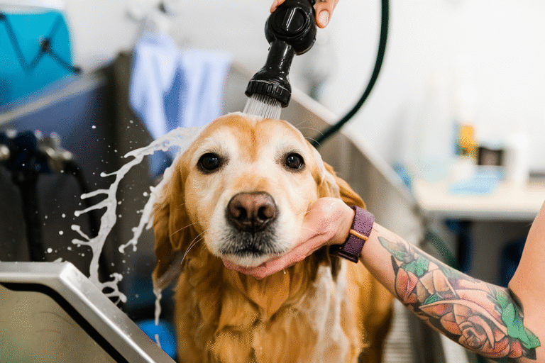 Dog being pampered at spa-style grooming table
