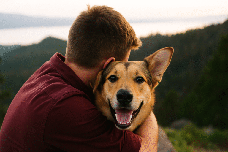 Man hugging a happy dog at sunset — Elite Paws Network contact page