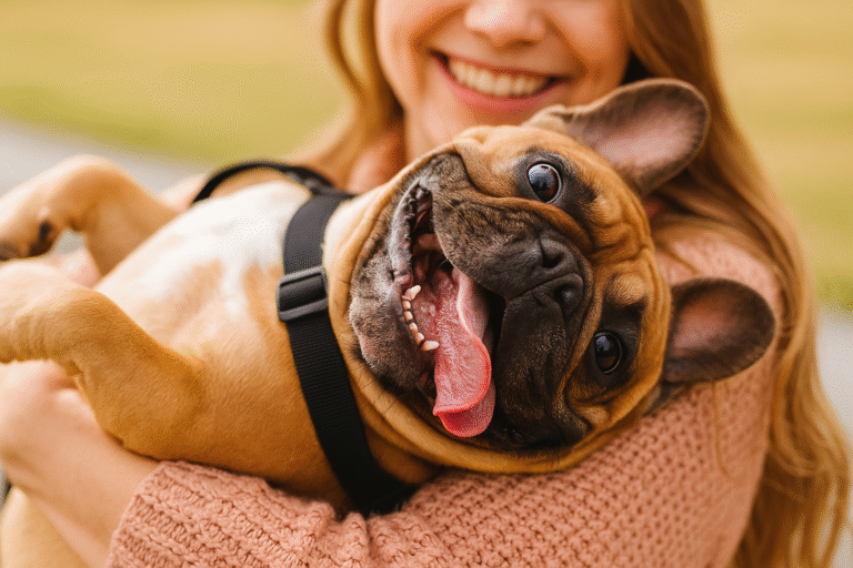 Woman holding a smiling French Bulldog, showcasing joy and connection between pets and their owners