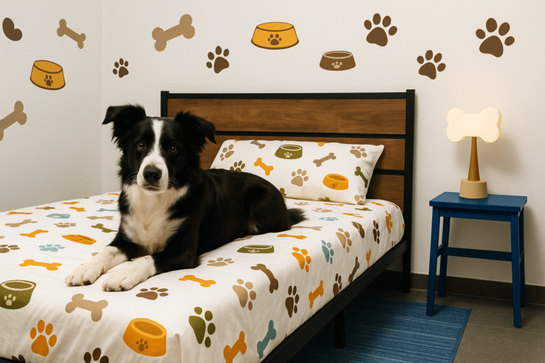 Dog on designer bed in pet-themed room – luxury boarding example