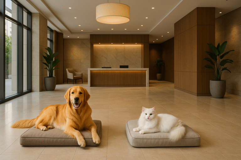 Dog and cat relaxing on beds in luxury pet hotel lobby